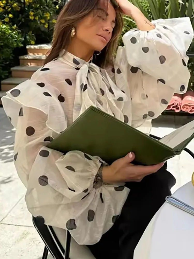 أنيقة الكلاسيكية الدانتيل متابعة القمم الملابس النسائية موضة فضفاضة البولكا نقطة طباعة المرأة بلوزة عادية التلبيب نفخة كم مكتب القمصان