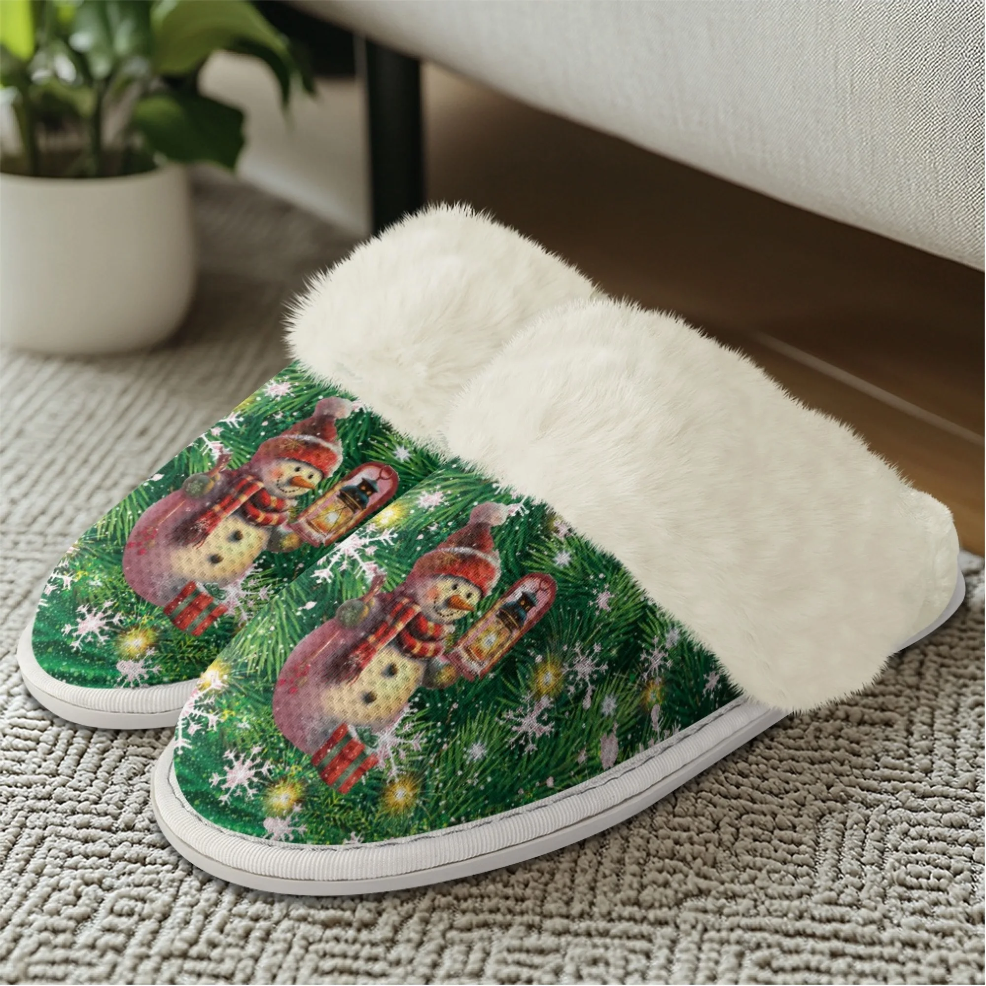 INSTANTARTS Women Flat Short Fuzzy Slippers Christmas Cute Snowman Non Slip Breathable Soft Indoor Winter Shoes Keep Warm