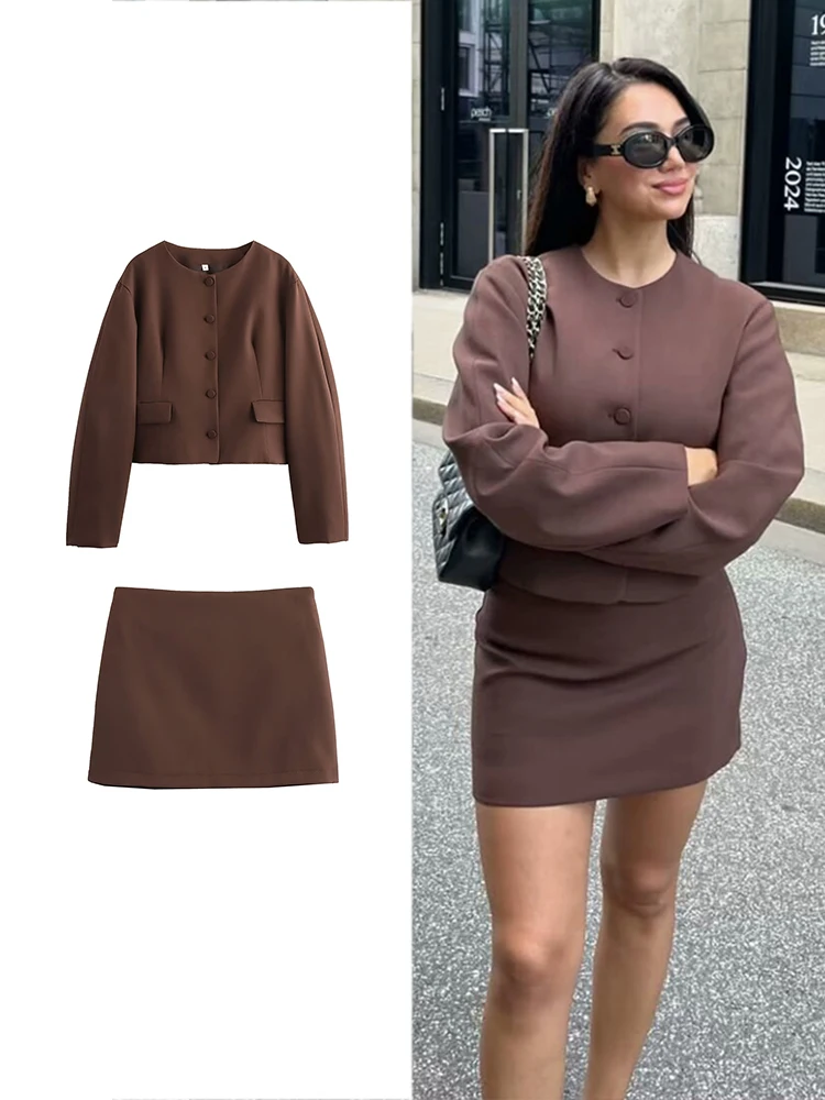 TRAF Women\'s Brown Blazer Mini Skirt Set Fashion Single Breasted O Collar Pocket Short Jacket Solid Color Zipper Slim Mini Skirt