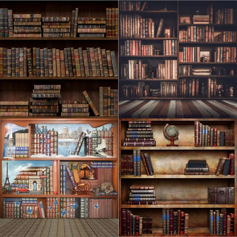 

Photography Backdrop Old Vintage Bookshelf Books Portrait Room Study Background Photographic For Photo Studio Banner Poster