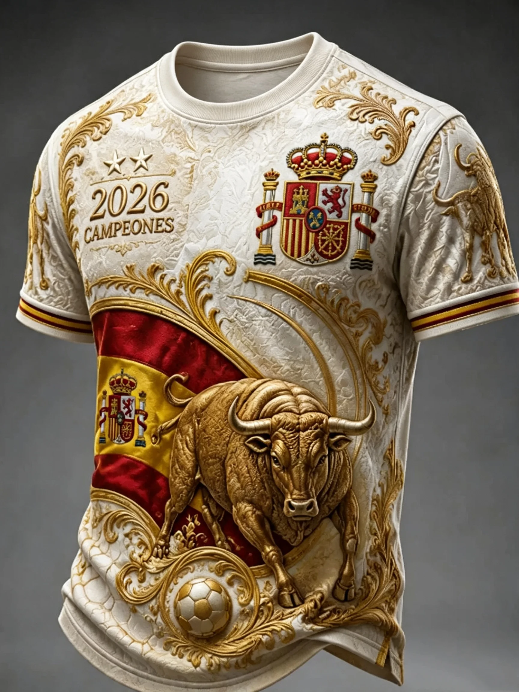 Spanien 2026 Champions Fußball-T-Shirt, 3D-gedrucktes Fußballtrikot mit goldenen Stieren und spanischer Flagge, atmungsaktives Sport-T-Shirt – Detail 3