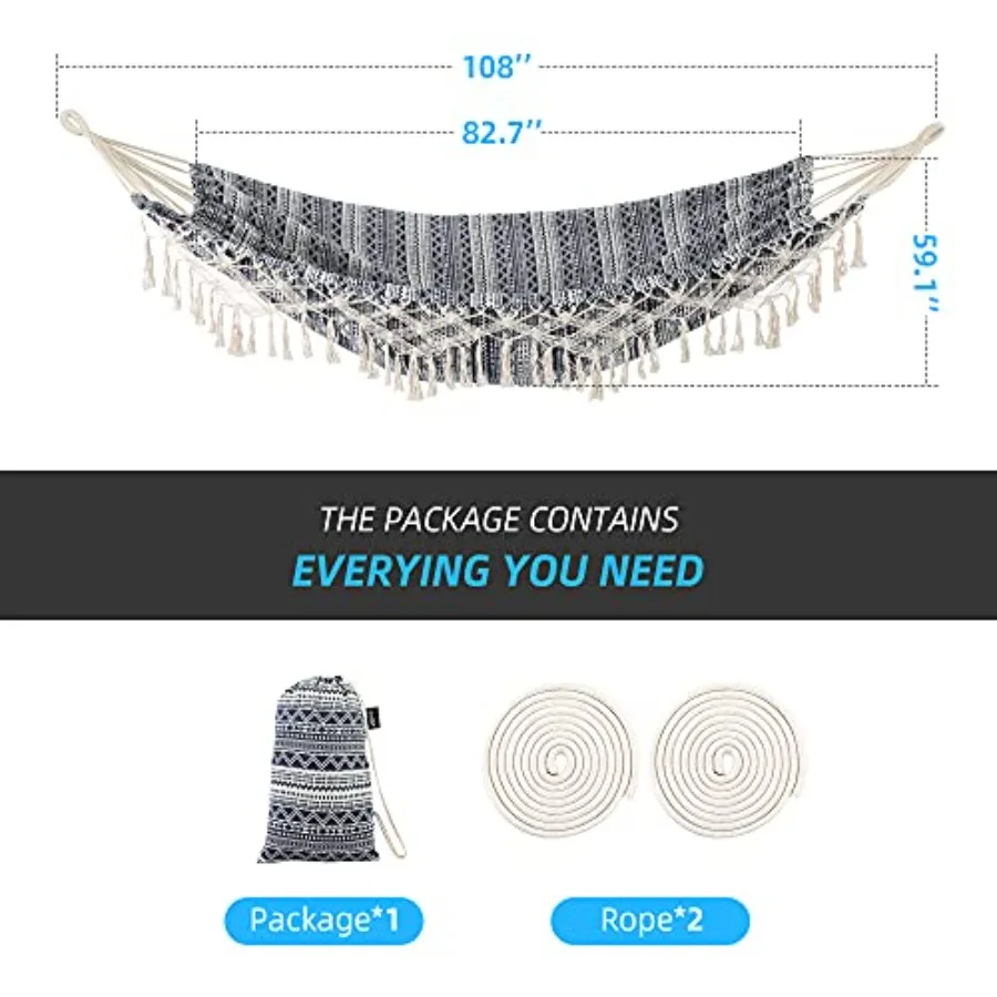 2 Persons Garden Hammock with Tassels Indoor Outdoor Portable Macrame Fringe Hammock for Patio Porch Backyard Beach Cotton Fabr