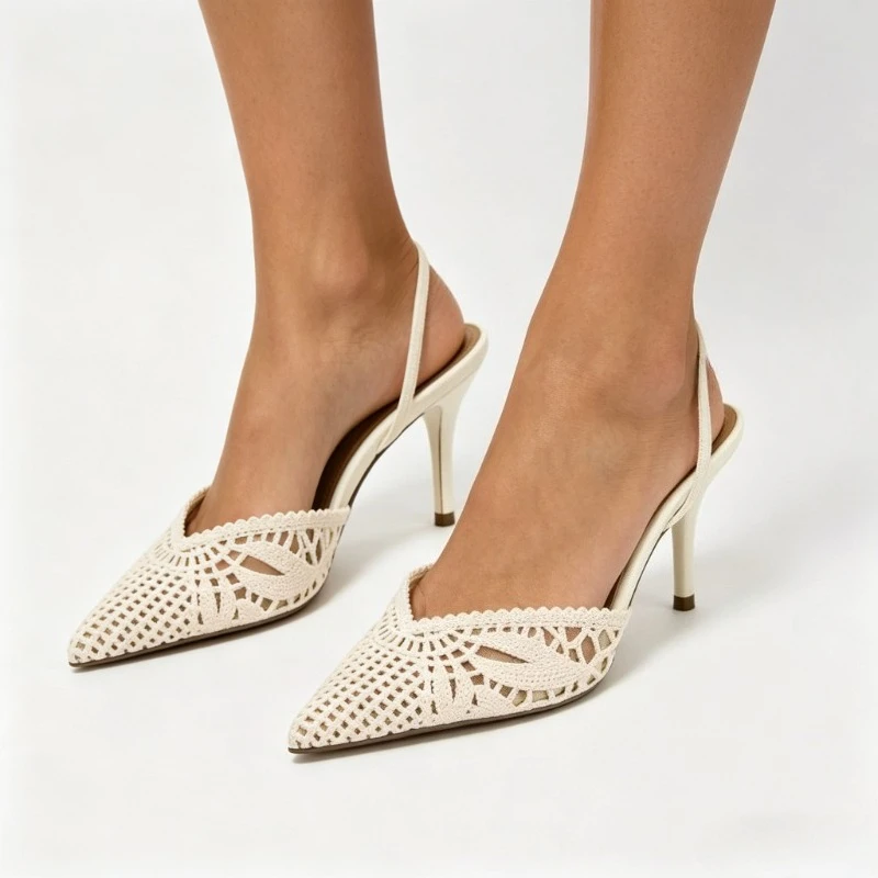 Women Sandals White Crochet Knit Slingback Heels Pumps Pointed Toe Hollow Stiletto Heel Ladies Elegant Backless Daily Wear Shoes view 6