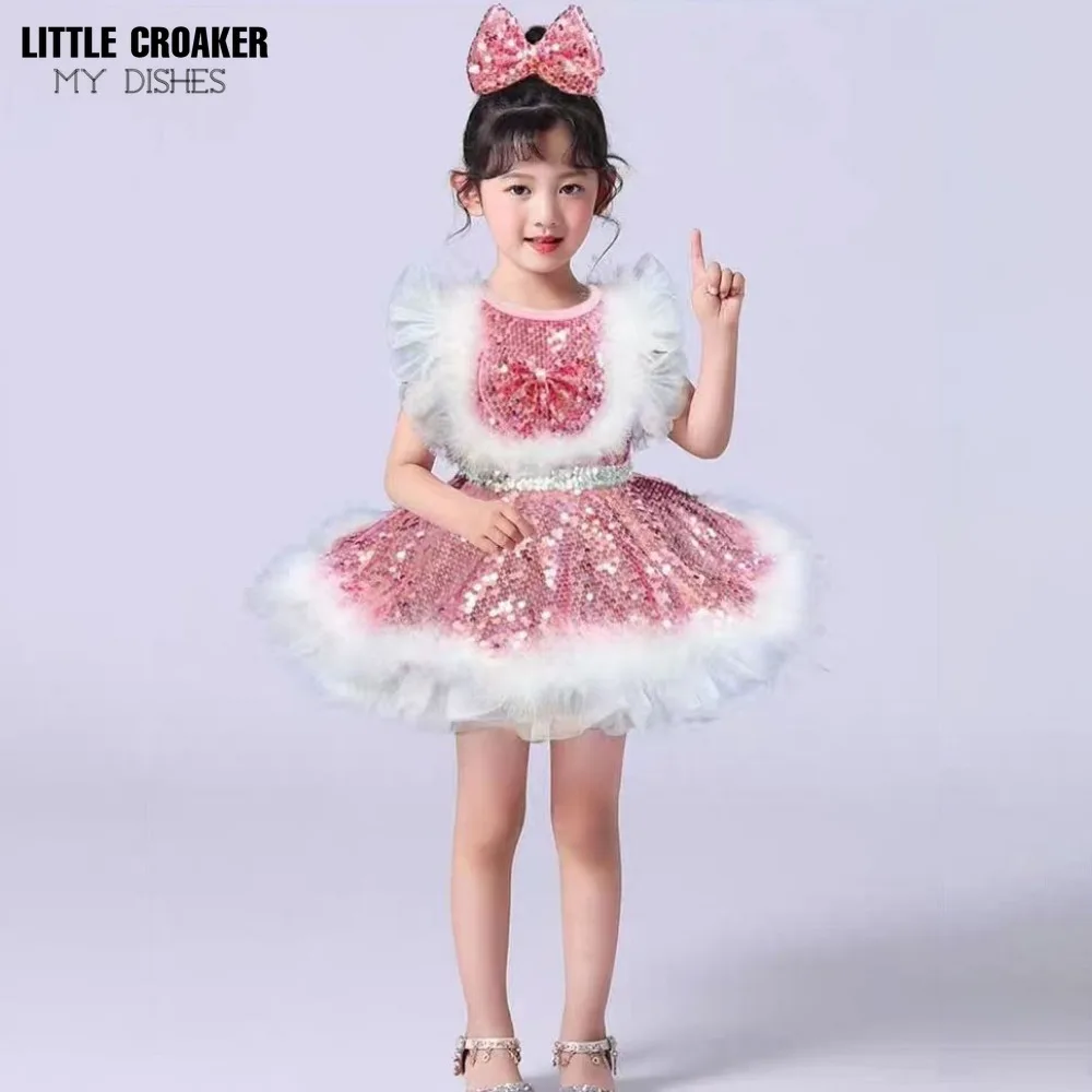 New Children Ball Gown Sequin Kids Bridesmaid Dresses for Girls Wedding Elegant Blue Pink White and Gold Party Dresses for Girl