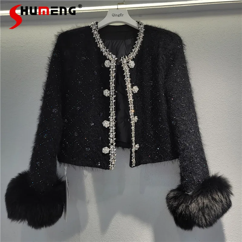 

Feminine Small Fragrant Diamond-encrusted Down Jackets Women's 2024 Winter New Down Coats High-end Socialite Solid Color Tops