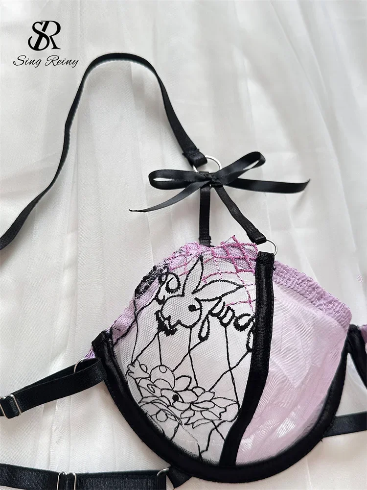 SINGREINY 女性スプライシングガーゼセクシーな下着スーツ透明スリムクラブパジャマレディース弓甘い薄手のポルノランジェリースーツ