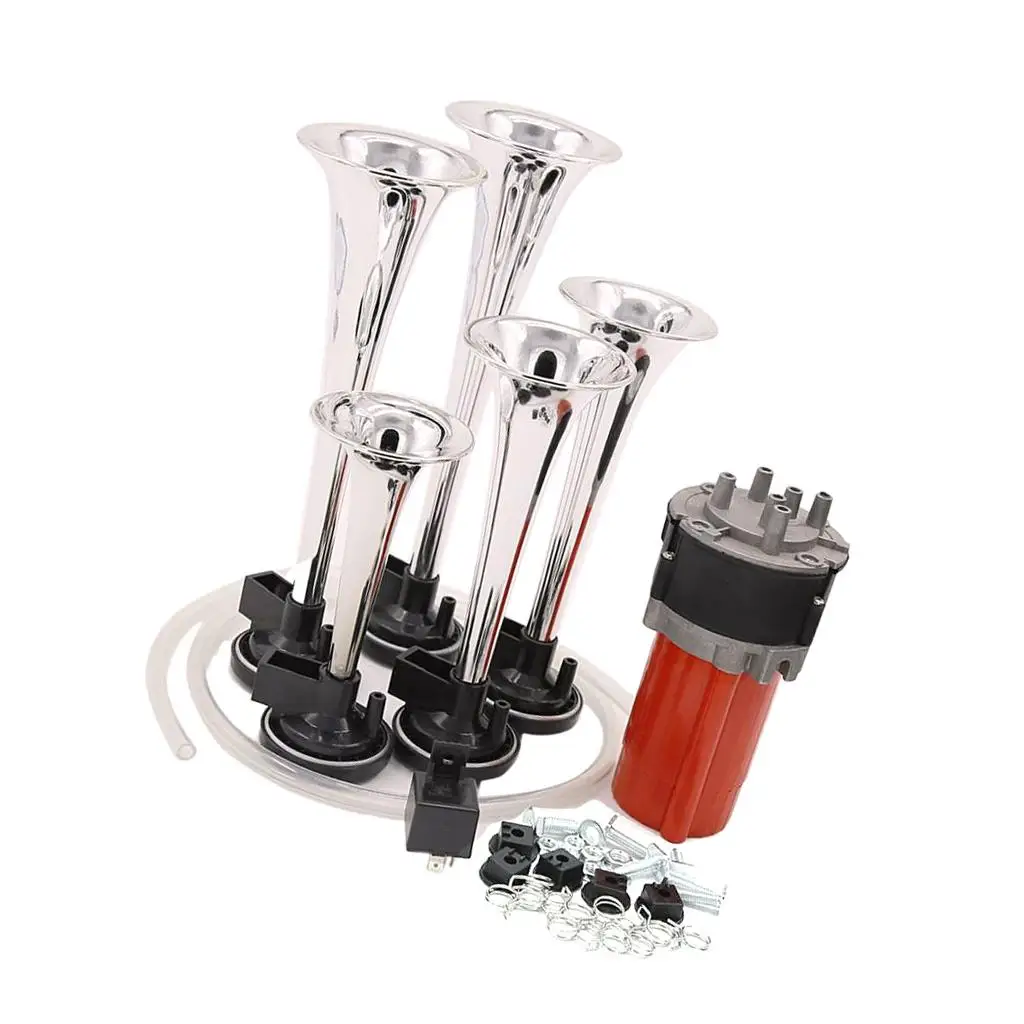 12V 130db 5 Trumpet Musical Jazz Air Horn Kit for Car SUV Truck Van Boat