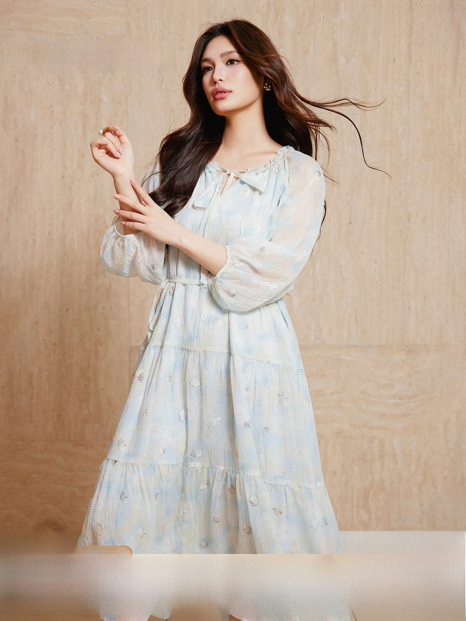 

Romantic ell Embroidered Chiffon Print Dr Eight-Sve Casual Stand-Build Materni Dr for Ladies in Spring