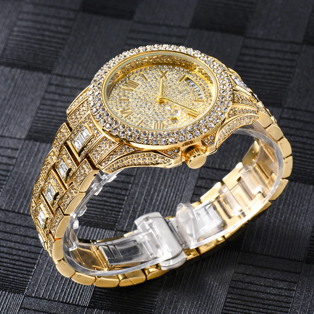 Full Iced Out Watch For Men Luxury Gold Hip Hop Diamond Quartz Mens Watches Waterproof Day Date Clock Best Selling Product 2023