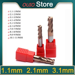 OUIO D1.1mm 2.1mm Carbide End Mill HRC55 4 Flutes Decimal Point CNC Milling Tools Tungsten Carbide Steel Milling  D1.1-D11.9mm