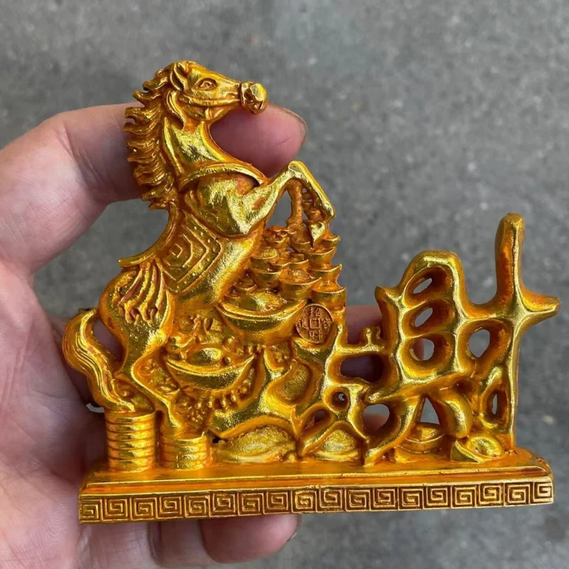 Horse Ornament with Pull Cart Gold Ingots, Office Home Decor Wealth and Fortune, Antique-Style Good Luck