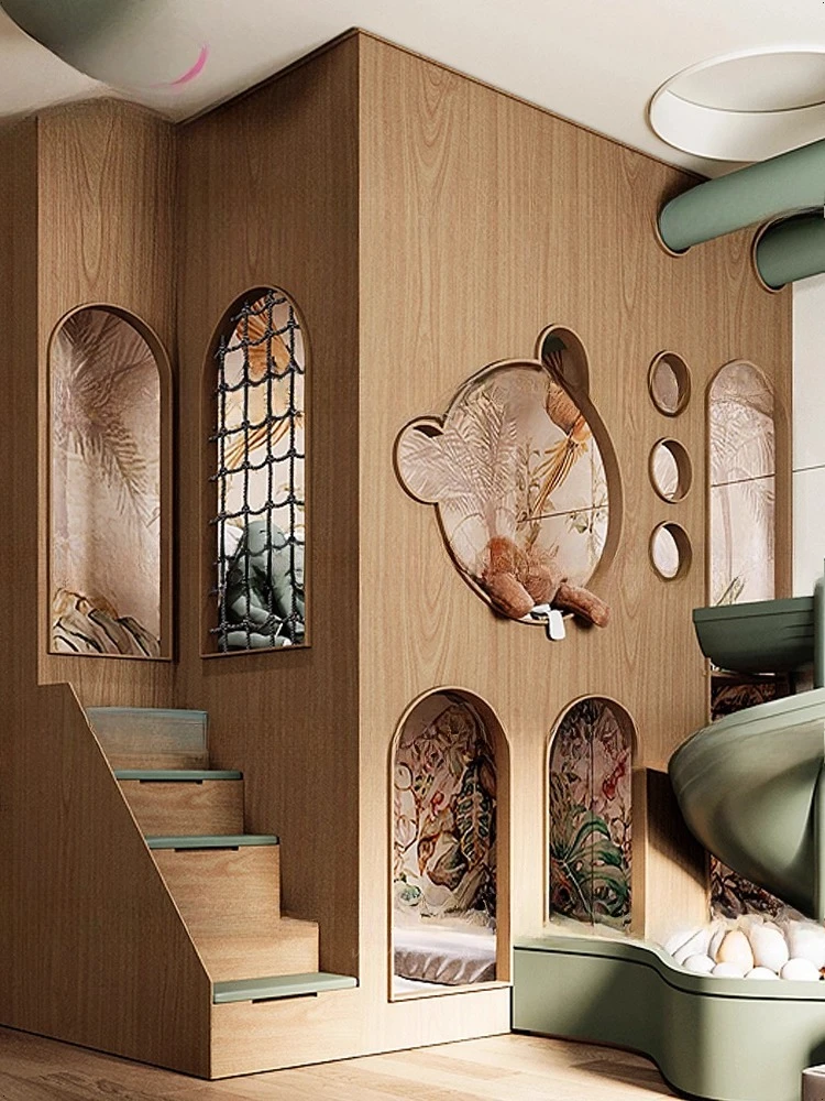 Tempat tidur beruang naik turun, tempat tidur anak apartemen besar, tempat tidur susun, tempat tidur seluncur putar