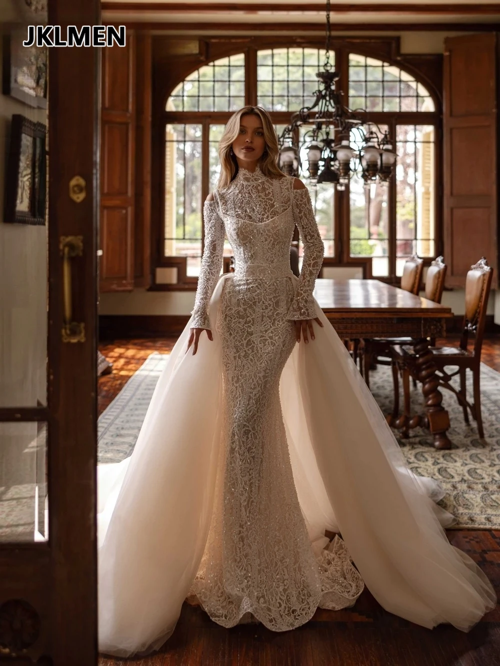 Luxuriöses Meerjungfrauen-Hochzeitskleid mit Perlen und Spitze, abnehmbarer Schleppe, dezentes Langarm-Brautkleid 2026, maßgeschneiderte Kleider für die Braut