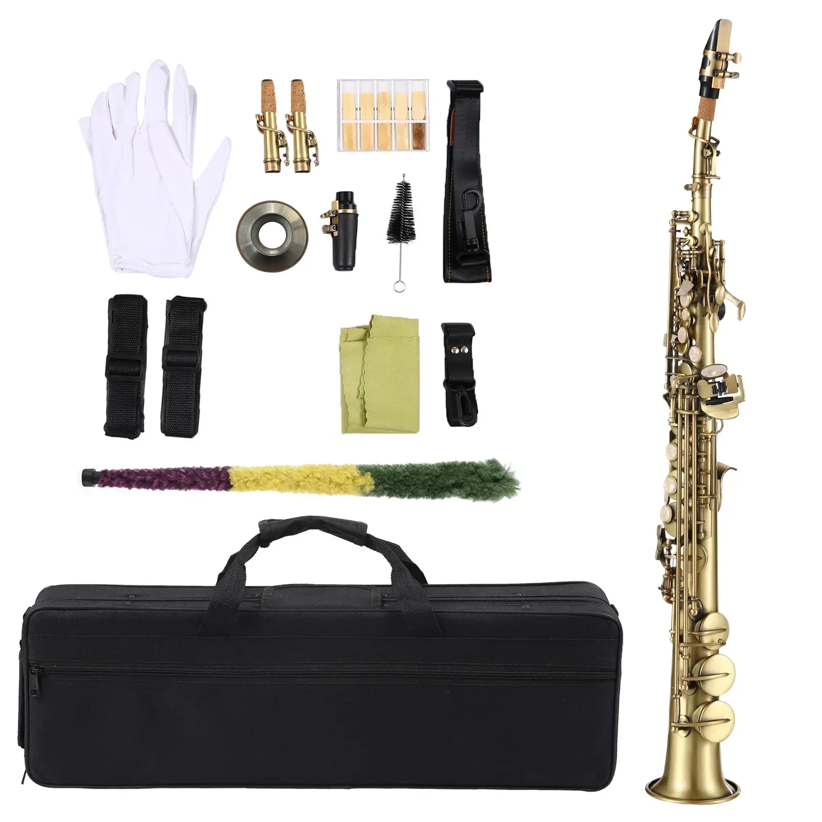 Professional Brass Straight Bb Soprano Saxophone Nickel Plated Sax Woodwind Instrument Carve Pattern with Carrying Case Mouthpie