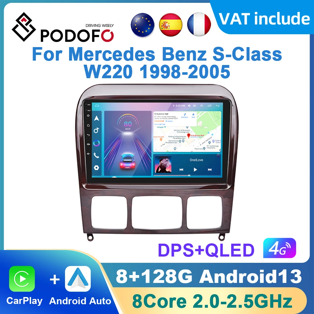 Podofo Android Carplay Car Radio For Mercedes Benz S-Class W220 1998-2005 Android Auto Multimedia Player GPS Navigation