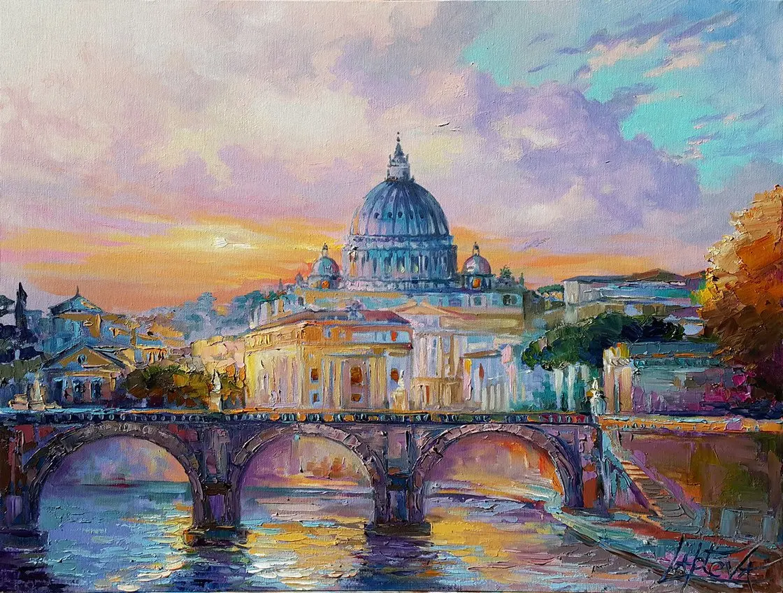 Italy City Landscape Oil Painting on Canvas with Frame Wall Art Venice Rome Bridge Night Scenery Poster Prints Abstract Picture