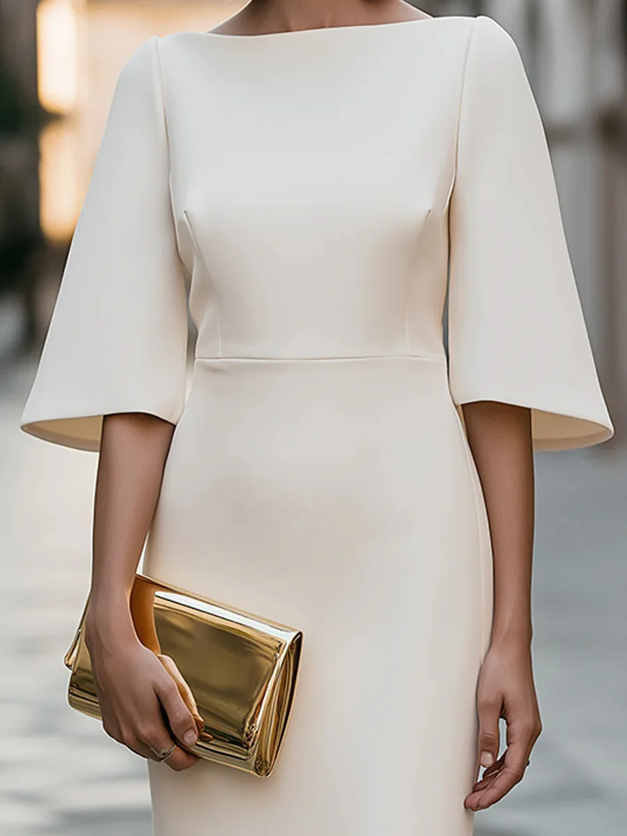 Minimalist Luxury Bateau Boat Neck Wide Flare Midi Sleeve Tailored Sculpting Midi Pencil Dress
