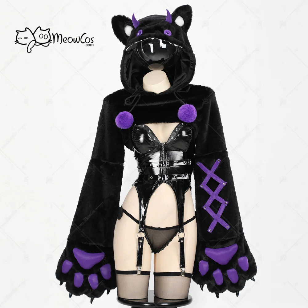 MEOWCOS Women Gothic Sexy Lingerie Set Zipper Top and Thong Black Purple Short Hoodie with Furry Paw Gloves Cosplay Costumes