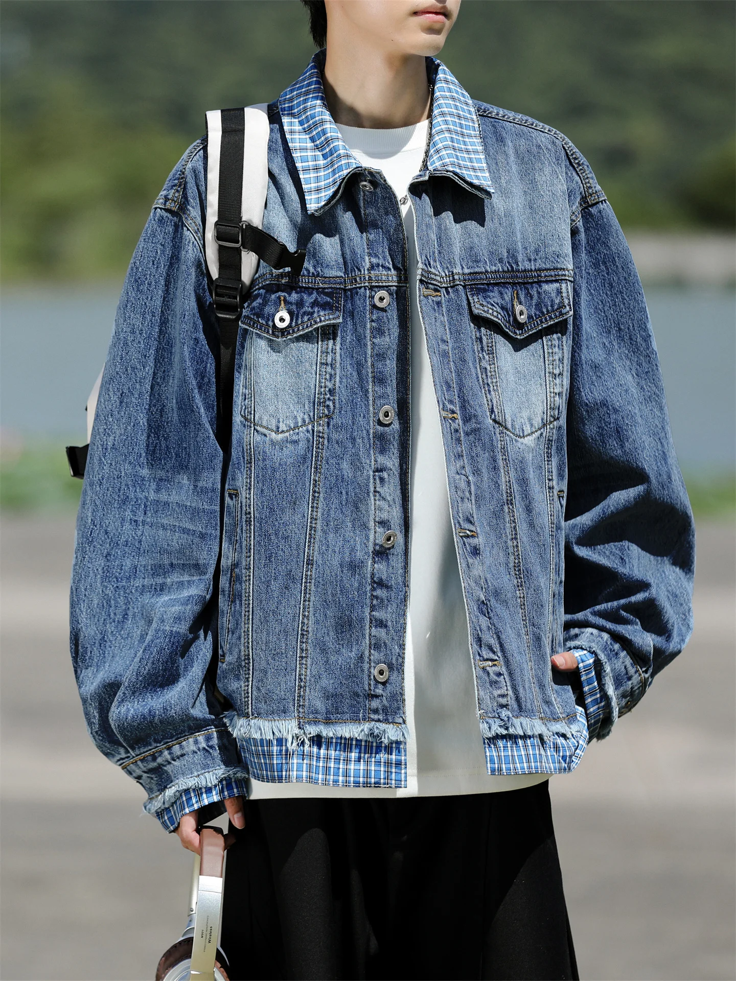 

Мужская джинсовая куртка в американском стиле с двойным воротником, винтажная, с эффектом двухслойности, повседневная, весенняя, с элементами пэчворка