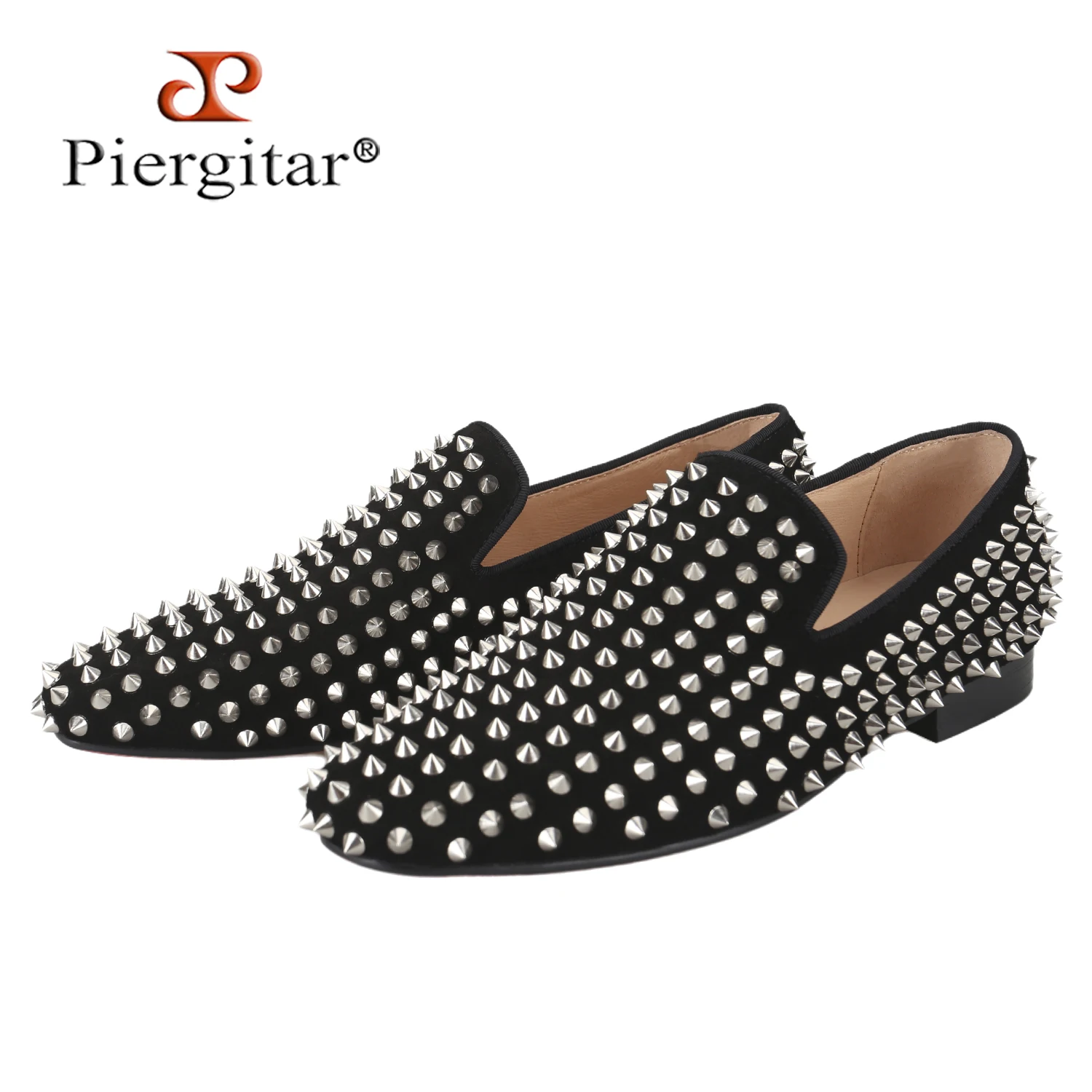 Piergitar Black Suede Slip-On Men Shoes With Handmade Silver Studes Italian Brand CL Classic Style Spiked Loafers Red Bottom