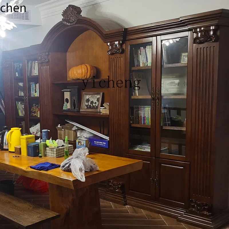 YY- solid wood bookcase combination study bookcase European simple retro bookcase wall living room storage glass jewelry cabinet