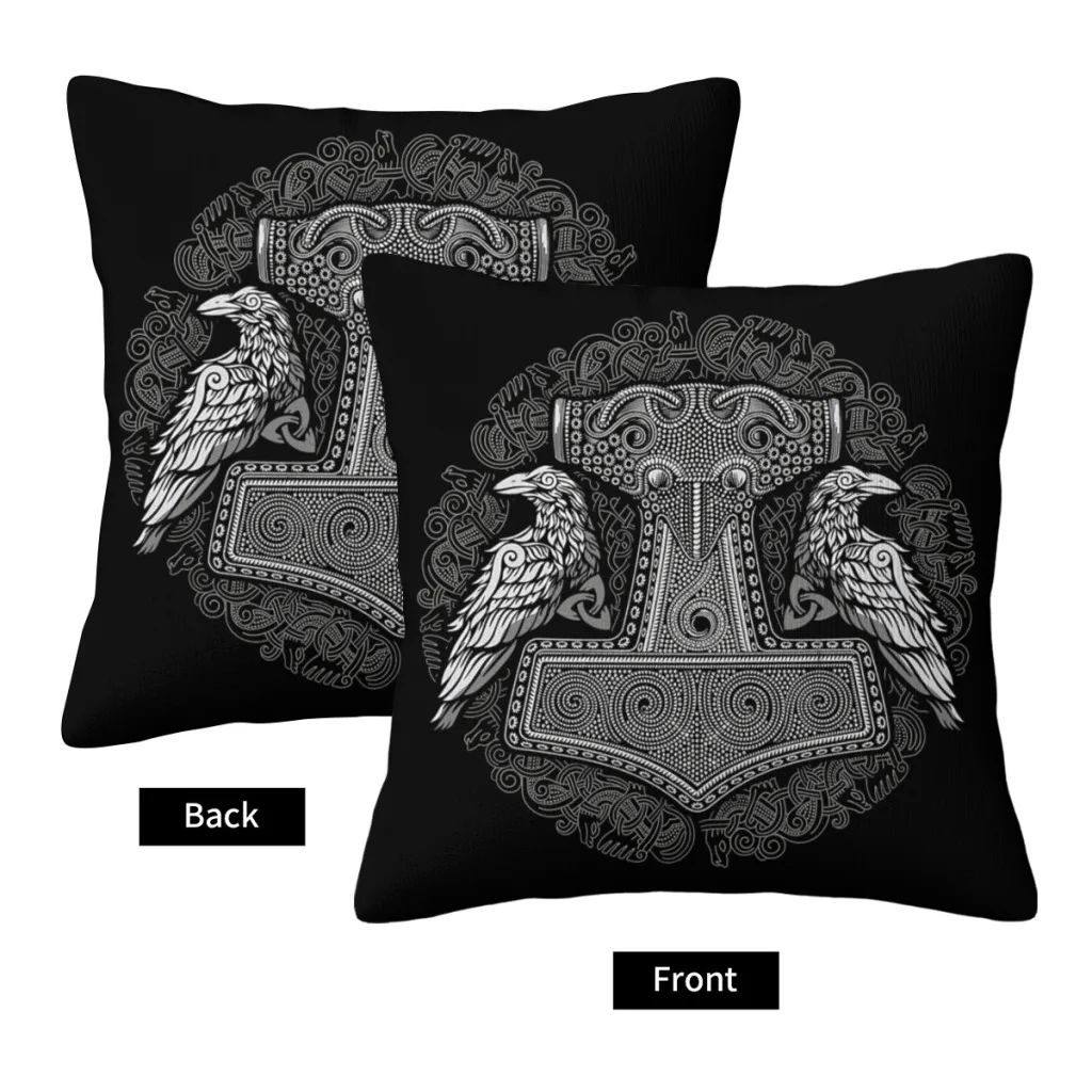 Norse Thors Raven Hammer Mjolnir Norse Pagan Knotwork Ravens Polyester Cushion Cover Viking Livingroom Office Reusable Pillow