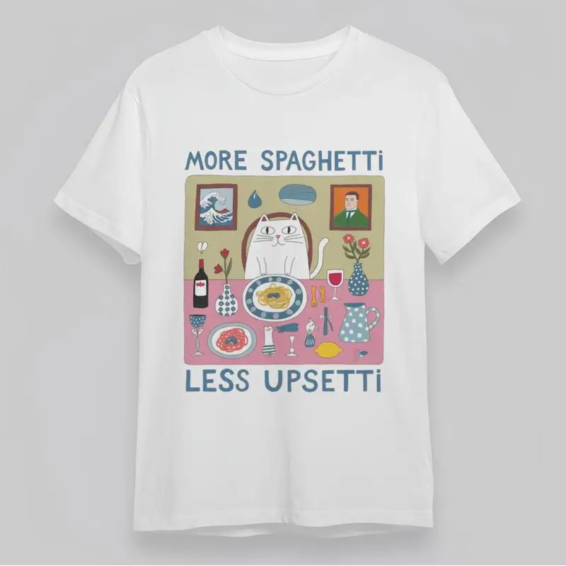 

Женская мягкая дышащая классическая футболка с принтом «Кошка едят спагетти» и забавным цитатой