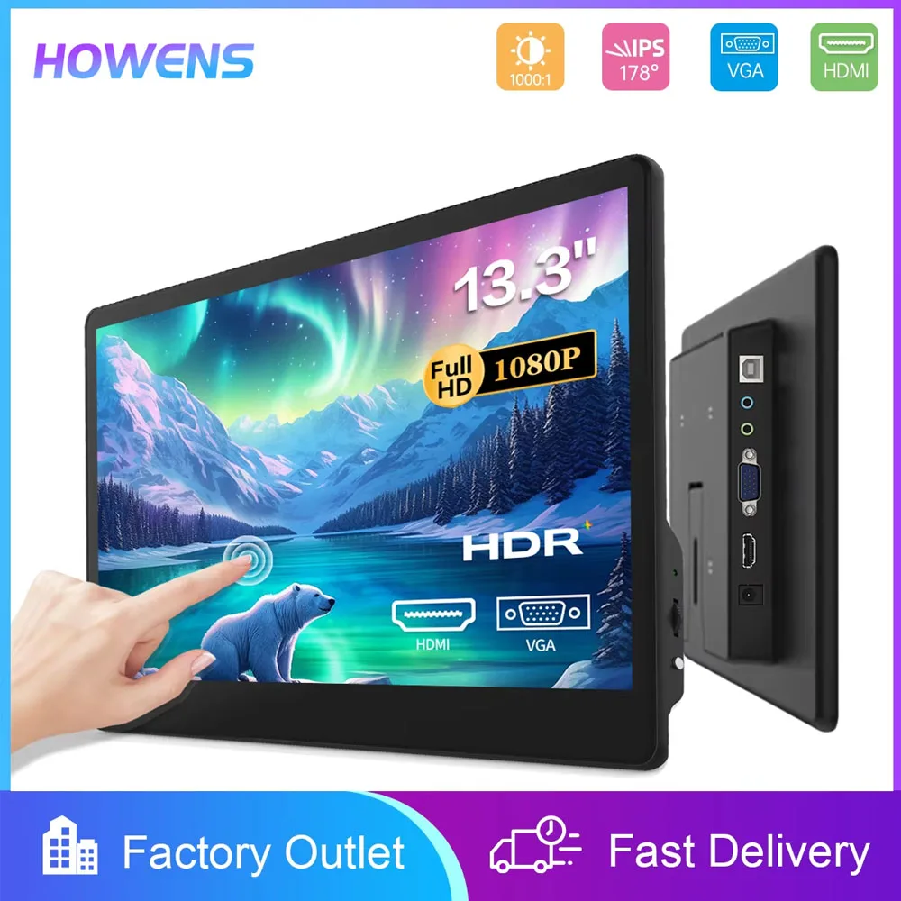 13.3 Inch TouchScreen 1920X1080P IPS Builtin Speakers Portable Secondary Screen Interface HDMI VGA USB Type-C for Mobile Laptops
