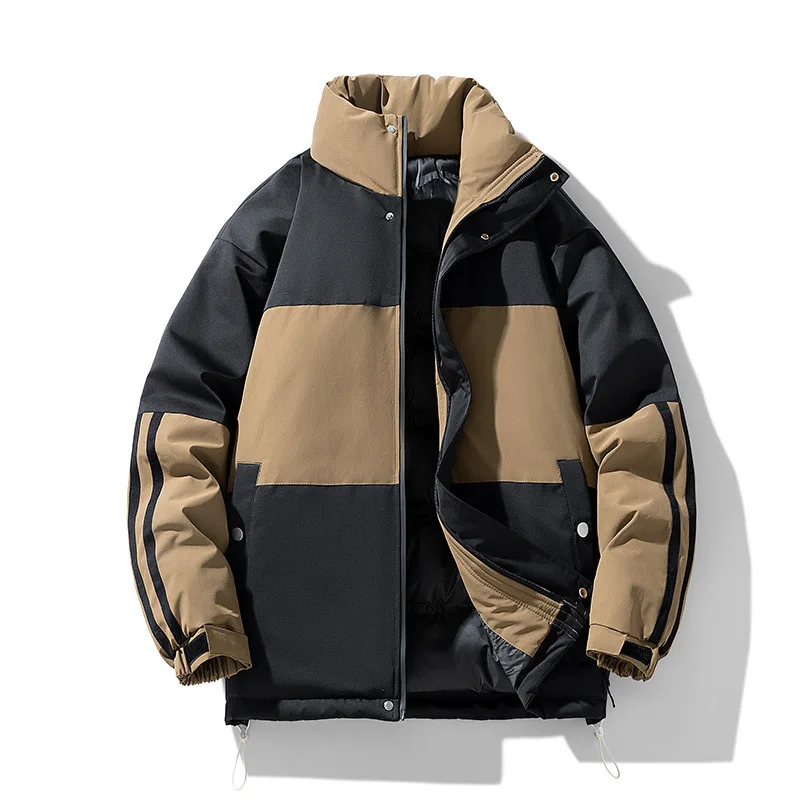 2025 Winter Man Jacket Thicken Cold-proof Stand Collar Male Outerwear Contrast Color Patchwork Long Sleeve Loose Men Coat