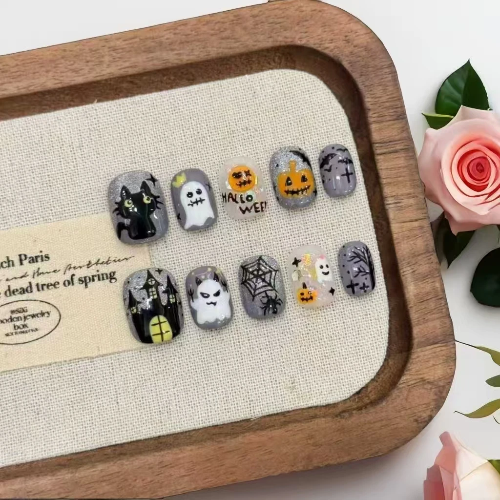 

10 PCS Halloween Handmade Nail Art Short Round Design with 4 PCS Tools Nail Adhesive Sheets