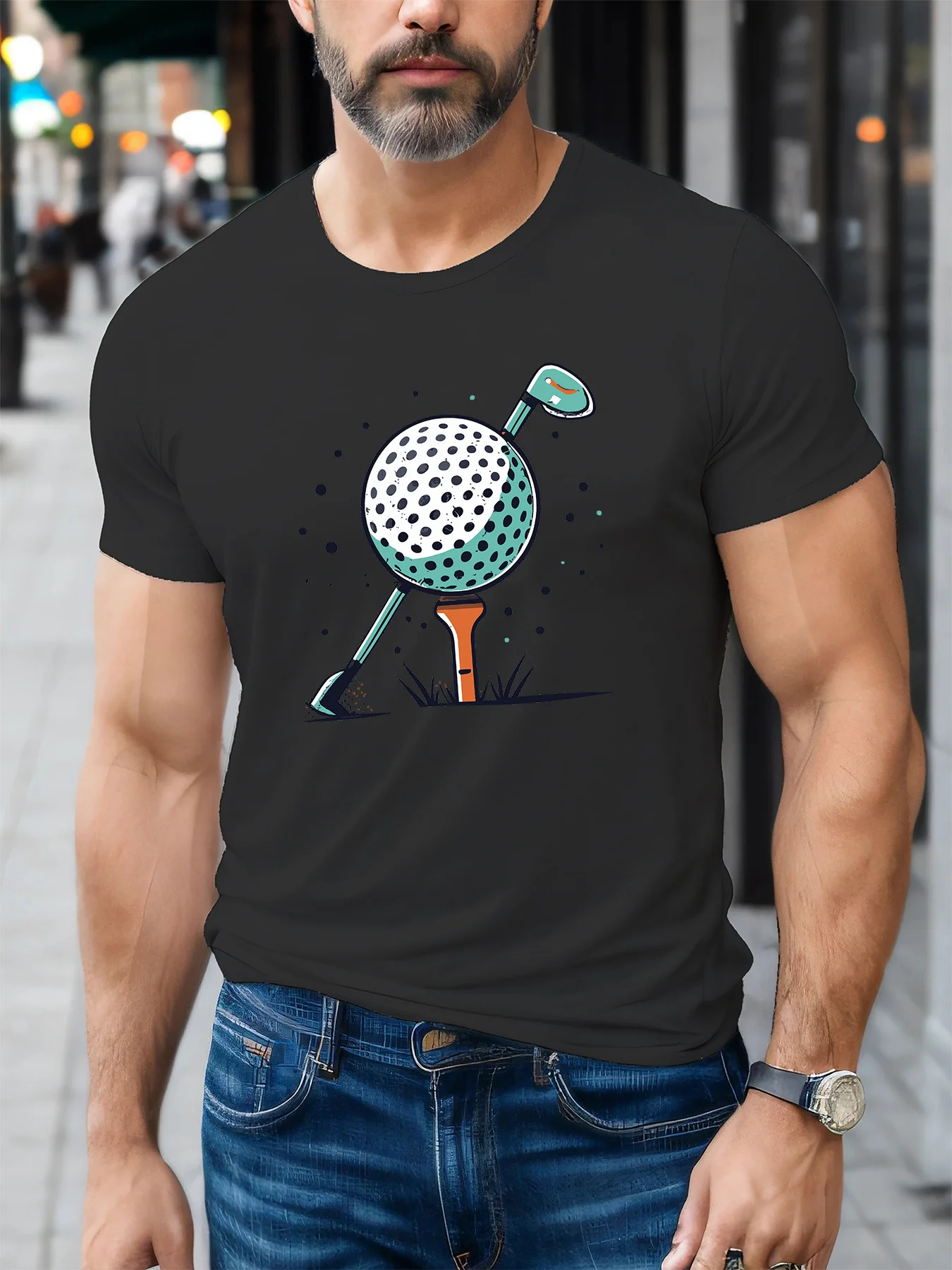 Cartoon Golf Ball And Club Mens Crew Neck T Shirt Golf Sport Graphic Short Sleeve Tee Golfer Lover Casual Male Summer Street Top