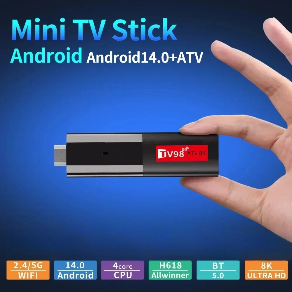 TV98 TV Stick Allwinner H618 Android 14 8K 2.4G&5G Streaming TV box رباعي النواة Cortex A53 WiFi 2GB + 16GB بلوتوث صوت عن بعد