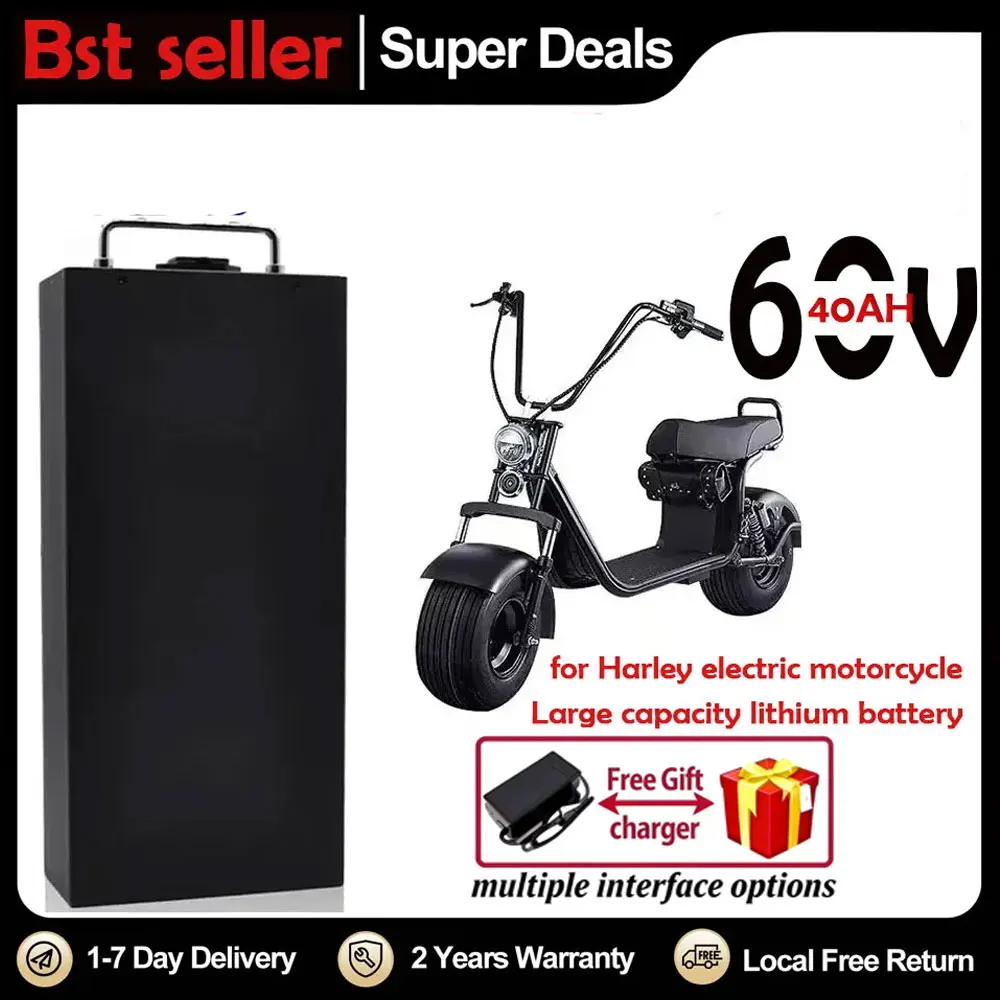 60V 40Ah Li-Ionen-Akku für Elektromotorräder, 2000W, für Harley zweirädrigen, faltbaren Citycoco Elektroroller, kostenloses Ladegerät