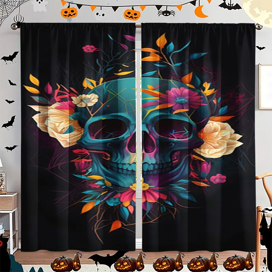 2PCS Digital Print Curtain, Teal Skull with Flowers, Black Background Gothic Day of Dead Style for Living Room Bedroom Decor