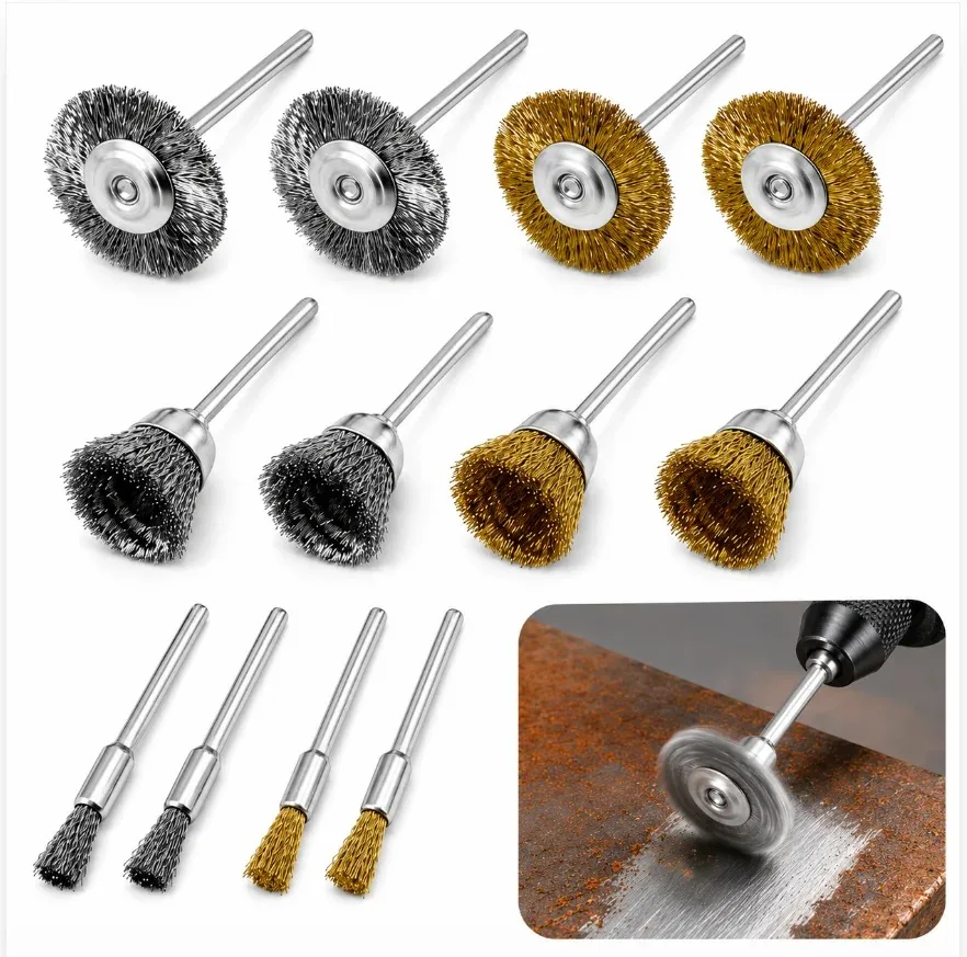 Lot de 12 brosses en laiton et fils d'acier pour outils rotatifs de perçage, polissage et décapage de la rouille métallique