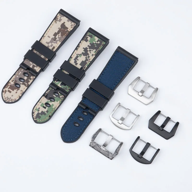 Nylon Silicone Hybrid Strap 26mm for Panerai PAM00753 Jeep Diesel 47mm Camo Blue Pin Buckle Sport Men's Replacement Watch Band