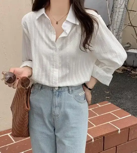 Flip Collar Fashionable Jacquard Design Slim Fit Single Breasted Long Sleeved Shirt for Women Solid Color Commuting Shirt