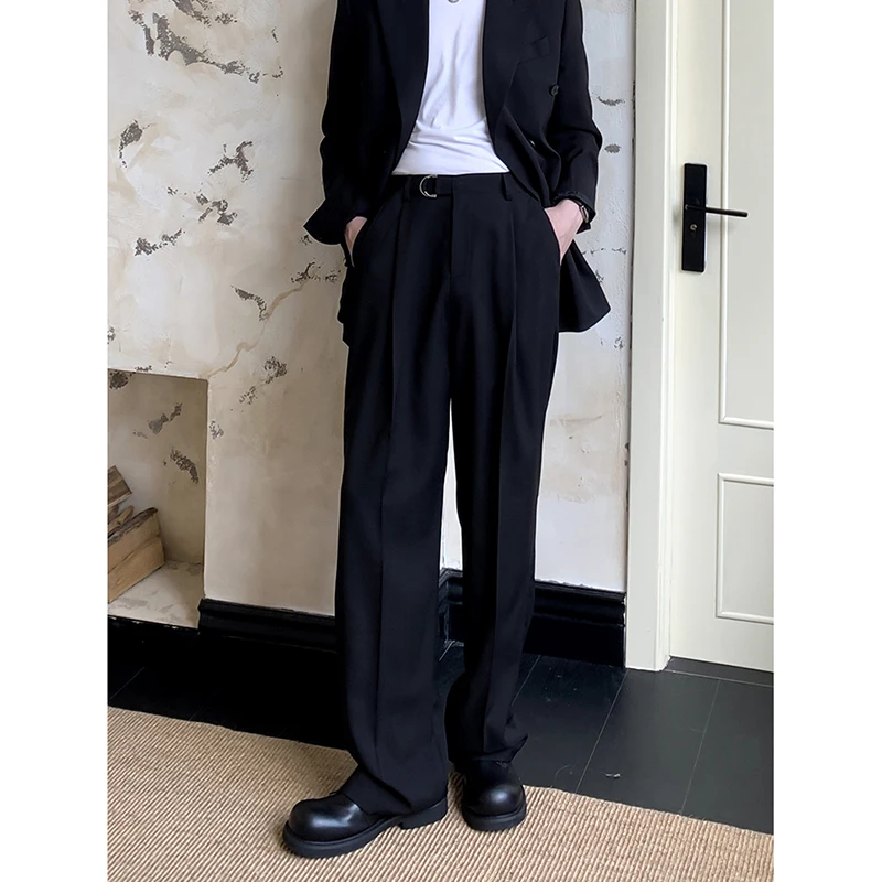 Men Loose Casual with Belt Black Gray Suit Pant Office Man Commuter Straight Trousers Korean Streetwear Fashion Baggy Pants