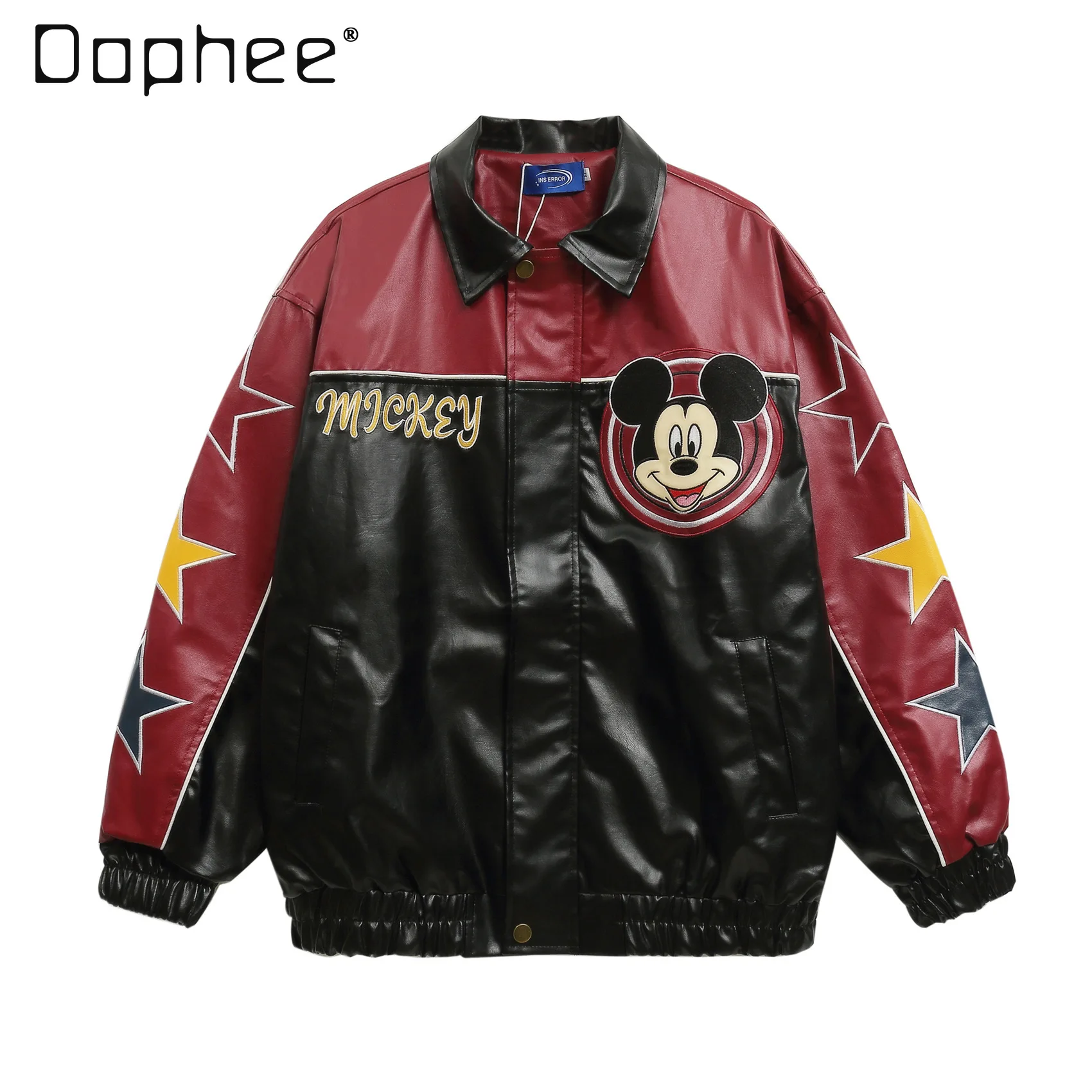 

Trendy Brand Cartoon Embroidery Contrasting Color Lapel Leather Jacket for Men and Women 2024 Autumn Winter Loose Casual Coat