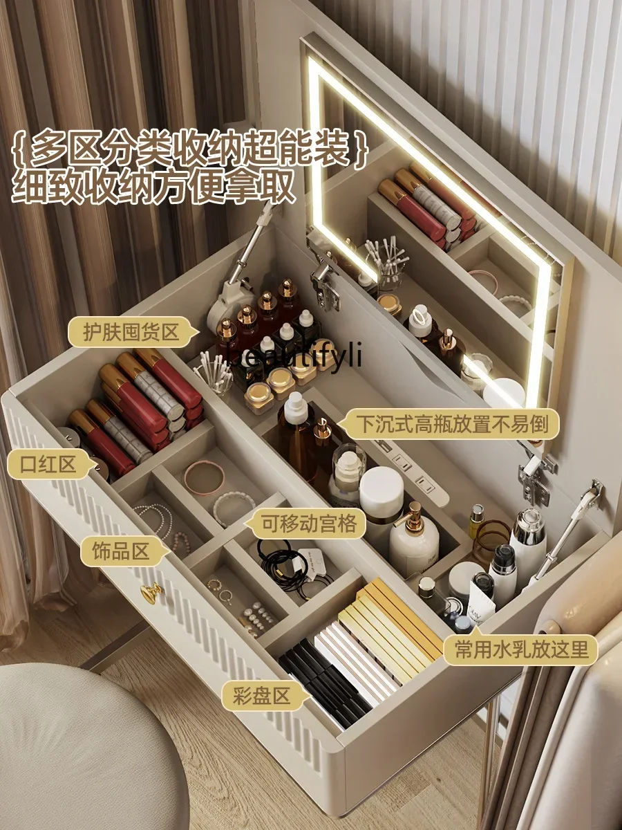 

French Dressing Table Cream Style Flip Makeup Table with Makeup Mirror Movable Storage Dressing Table