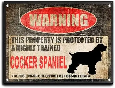 Tin Sign Beware Dog Tag Fence Cocker Spaniel Sign This Property is Protected Funny Metal Tin Sign Home Kitchen Bar Room