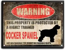 Tin Sign Beware Dog Tag Fence Cocker Spaniel Sign This Property is Protected Funny Metal Tin Sign Home Kitchen Bar Room