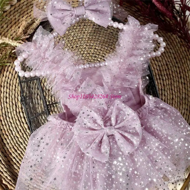 Newborns Photography Tulle Dress with Bowknot and Star Decors for 0-3 Month Baby Special Occasion Costume