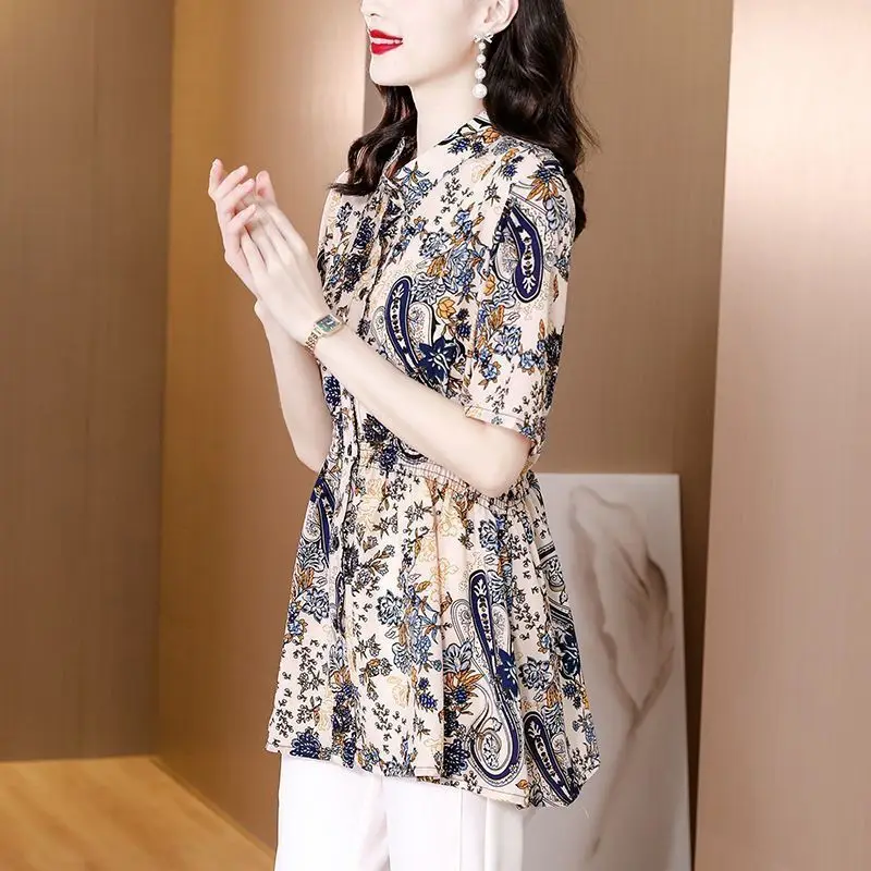 Fashion Commute Paisley Printed Midi Blouse Casual Single-breasted Stand Collar 2023 Summer Short Sleeve Korean Shirring Shirt