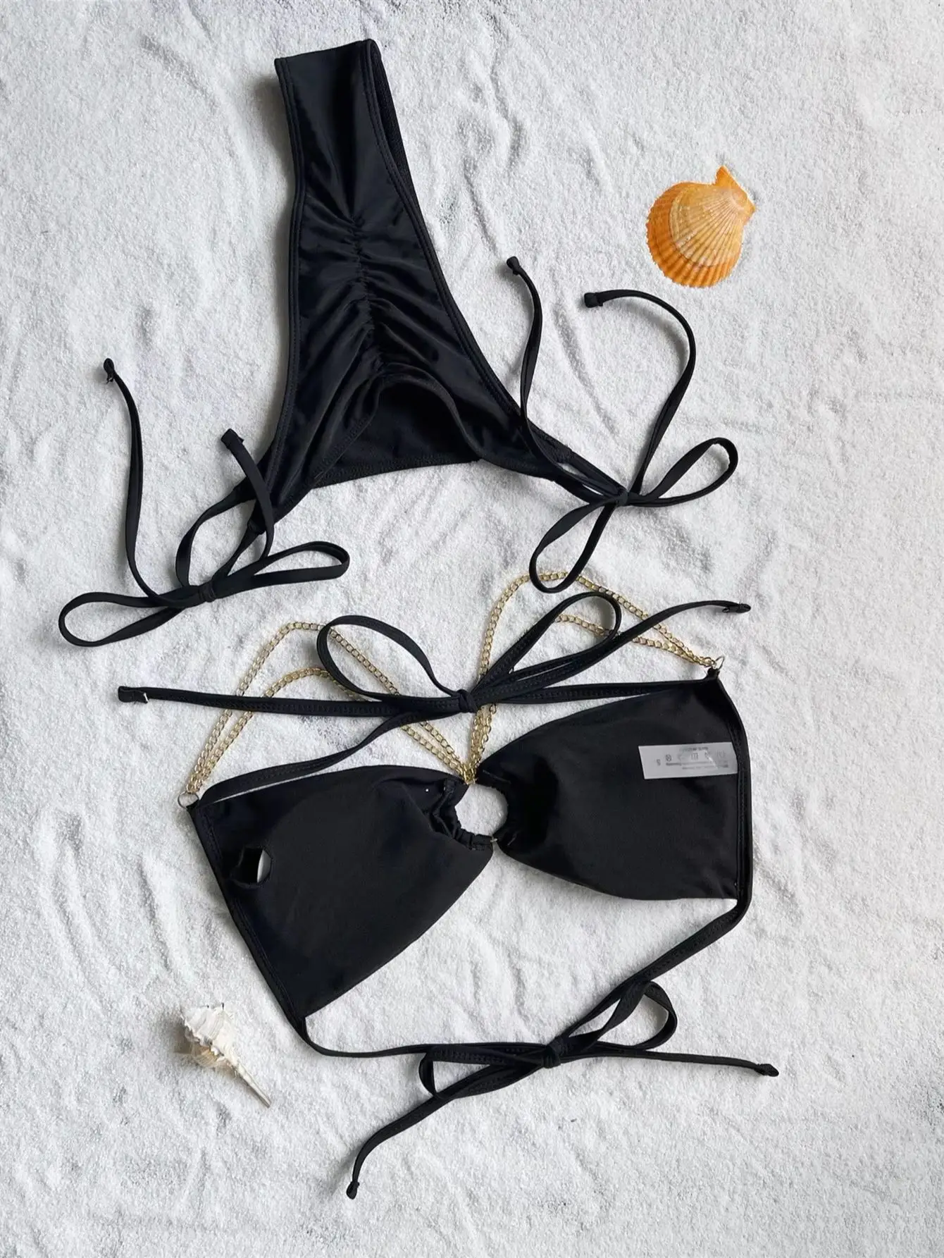

Solid Color 2 Piece Swimsuit for Women 2025 Summer New Sexy Chain Black Bikini V-neck Suspender Backless Beach Vacation Swimwear
