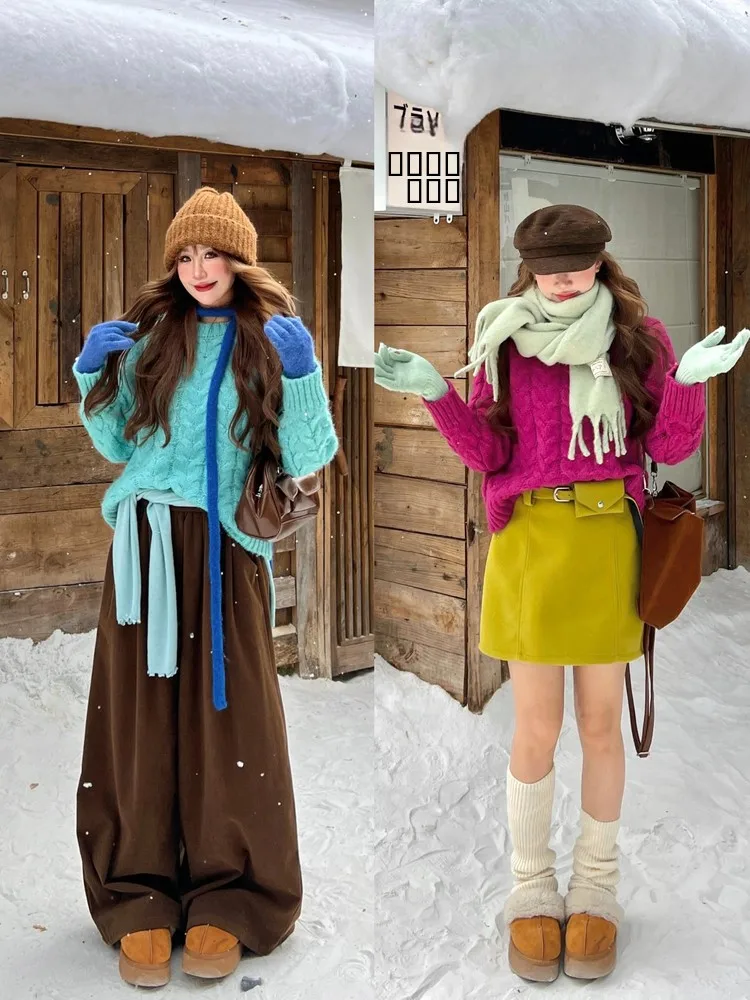 

NiiDaily Women's Knitted Sweater Ternary Color Lazy Thi Yarn Twist Flower Soft Cozy Long Sve round Ne Pullover Autum...