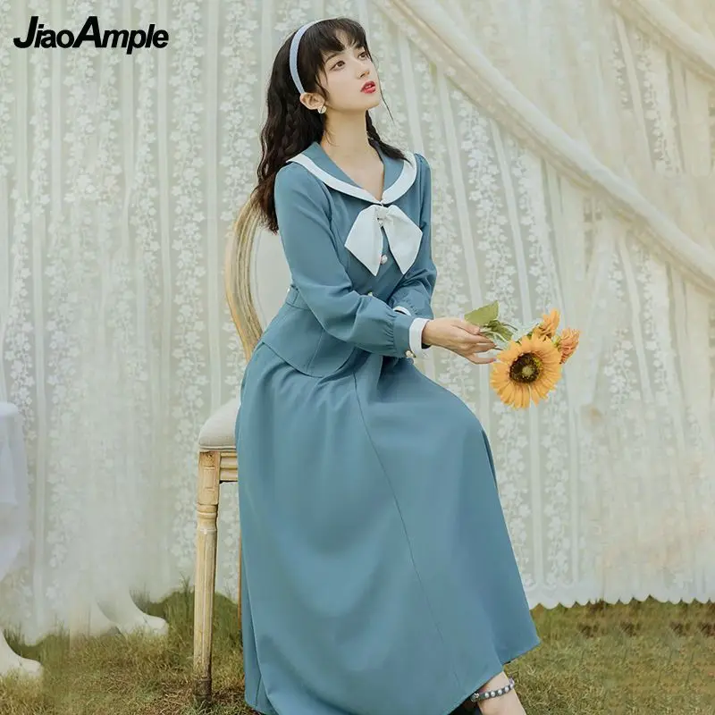 Women\'s Dresses 2024 Spring Autumn Fashion Fake Two-Piece Lantern Sleeves Blue Casual Dress Korean Elegant Bow Retro Long Skirt