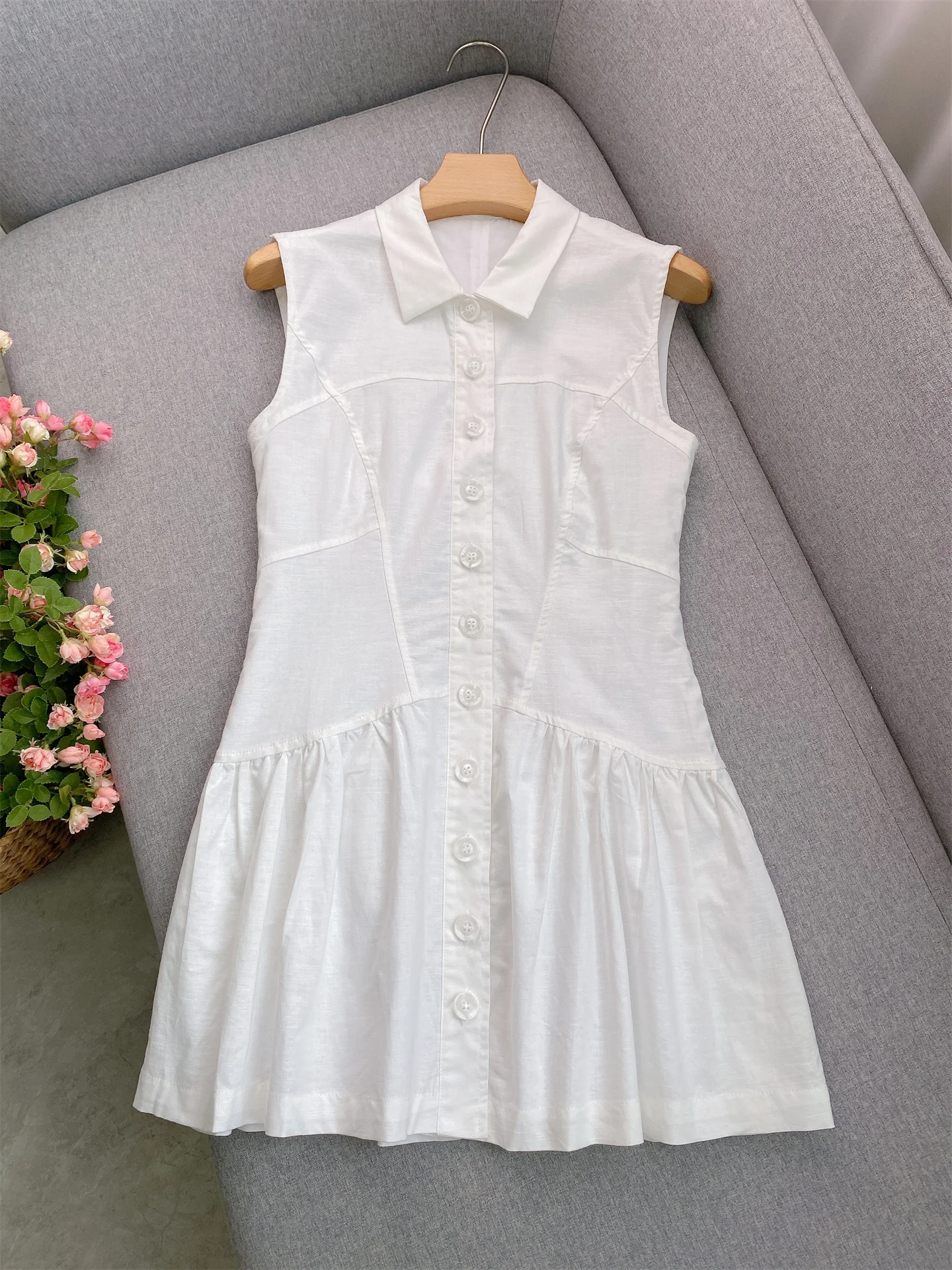 

Zoyoyued Luxury Linen irt Collar Slim Fit School Sle Dr Waist Cinched Single Button Svel ort Skirt for Women