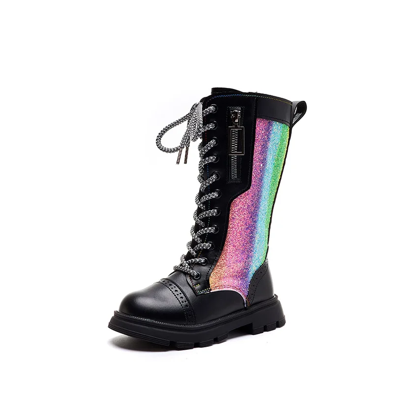 Kids'Boots Solid Color PU Leather Fashion Winter Knee-high Boots For Girls Anti-slip Breathable Black Sliver Shoes Size 27-37