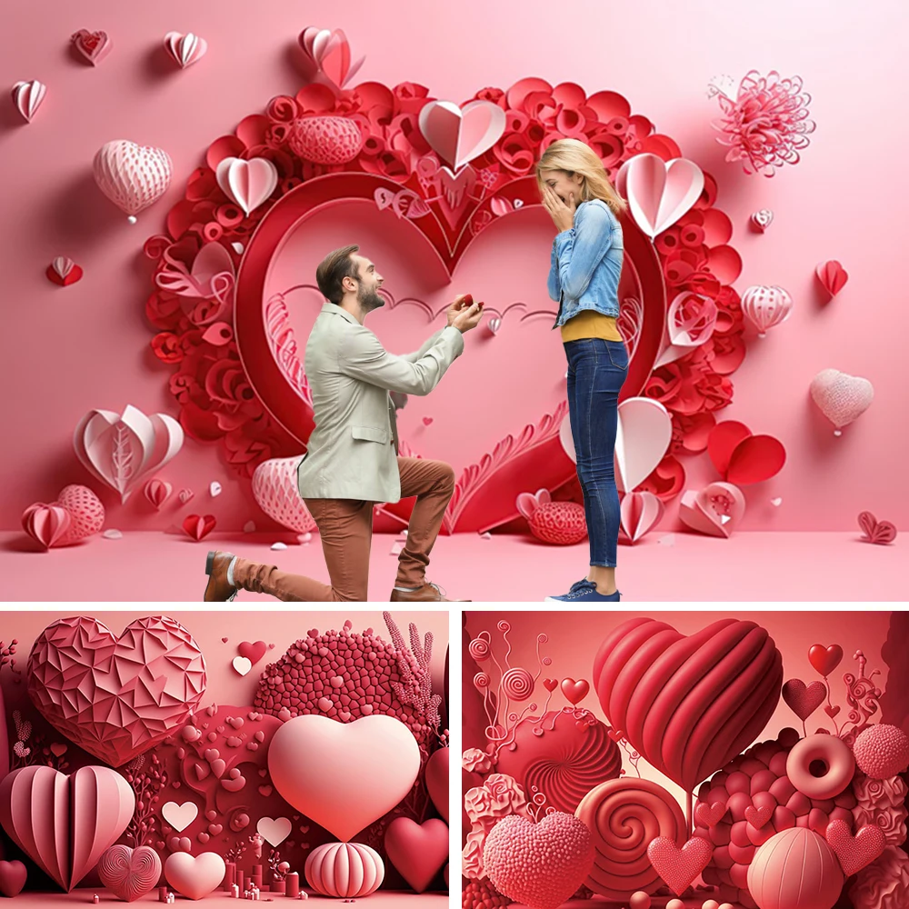 Valentine's Day Backdrop Photography 3D Heart Wedding February 14 Party Decor Couple Portrait Photo Background Photobooth Props